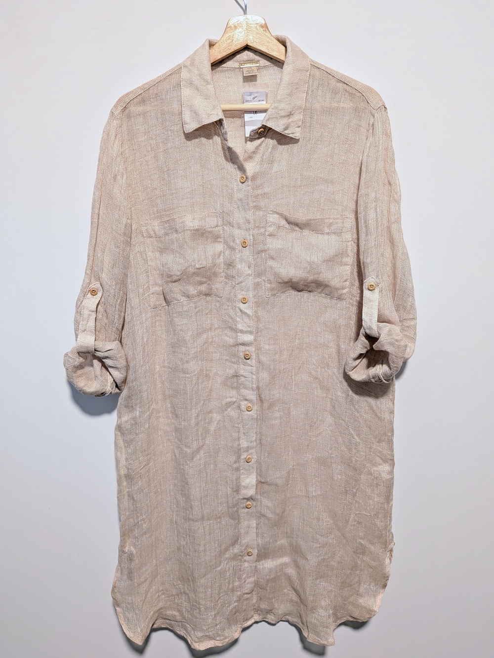 Magaschoni Soft Sand 100% Linen Shirt Dress L Roll Tab Sleeve NWT